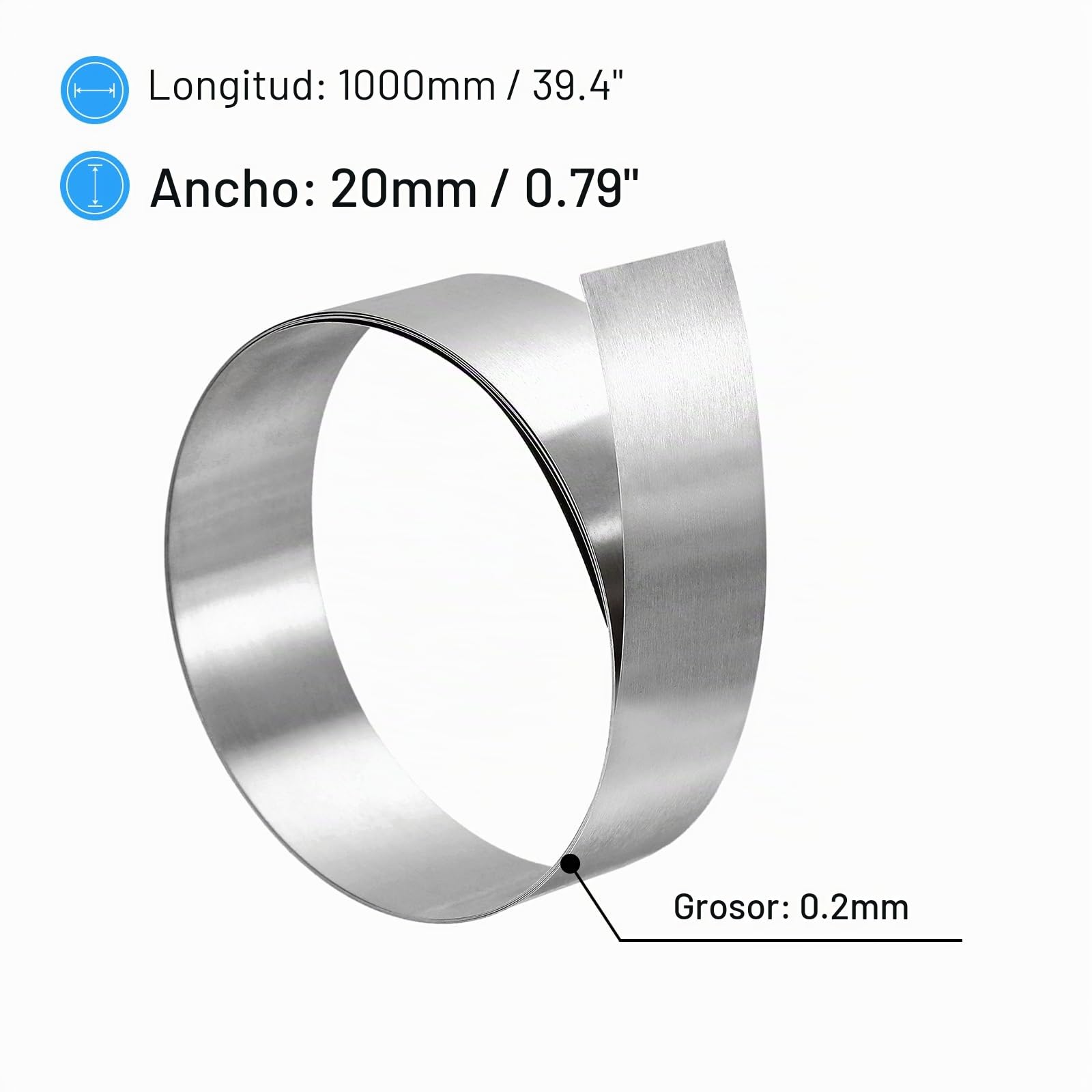 sourcing map Rollo de Lámina de Acero Inoxidable 304, 0,2 mm x 20 mm x 1 m, Acabado Pulido, Placa de Metal para Manualidades, Equipos Electrónicos, Tono Plateado, 2 Piezas