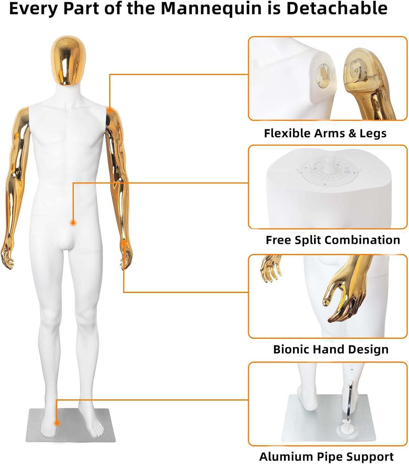 Male Mannequin Full Body Dress Form Mannequins Torso Sewing Dress Model Adjustable 73 Inches Mannequin Plastic Detachable Mannequins Stand with Metal Base, White Body Gold Head Gold Hands