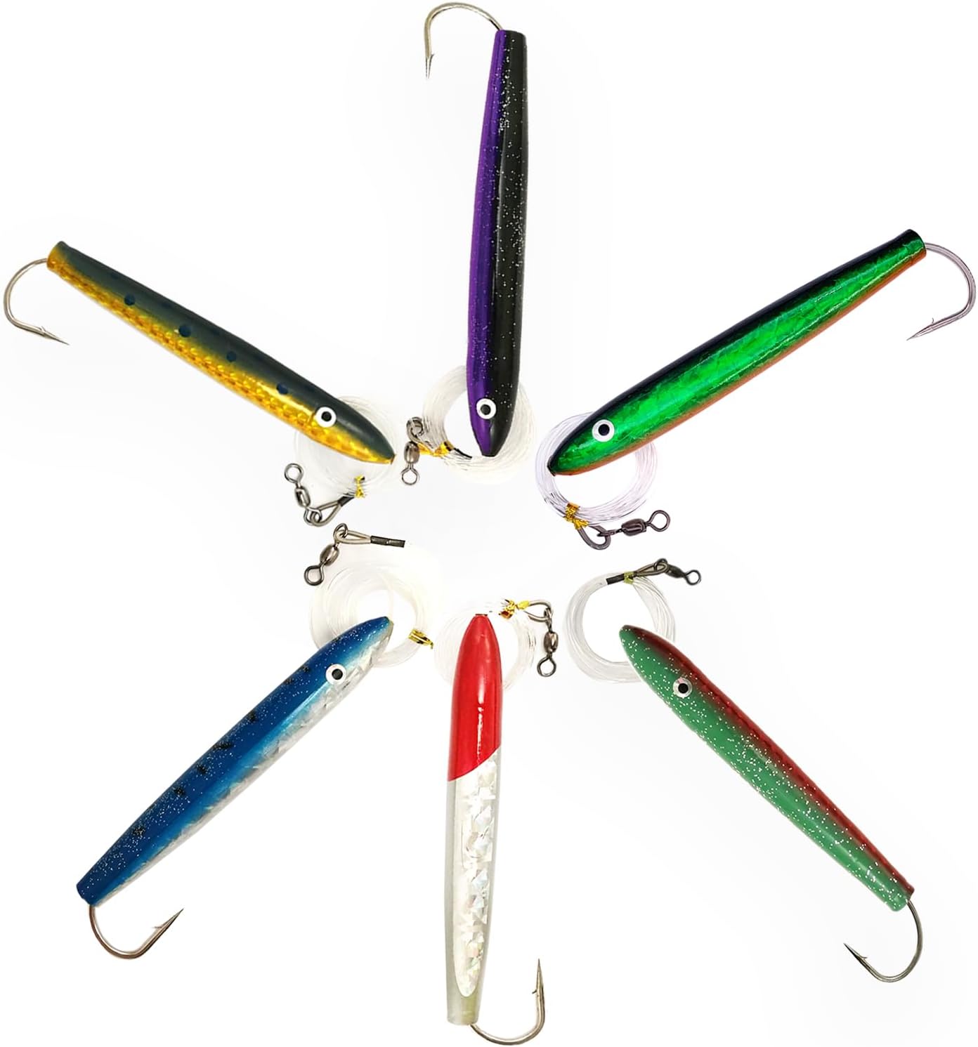 4" Rigged Mylar Cedar Plugs – 6 Pcs w/Lure Bag