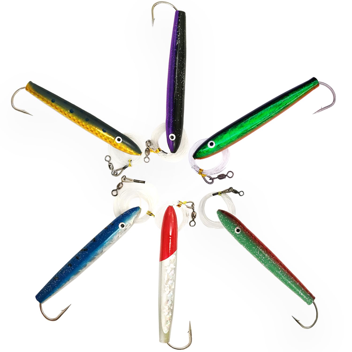 4" Rigged Mylar Cedar Plugs – 6 Pcs w/Lure Bag