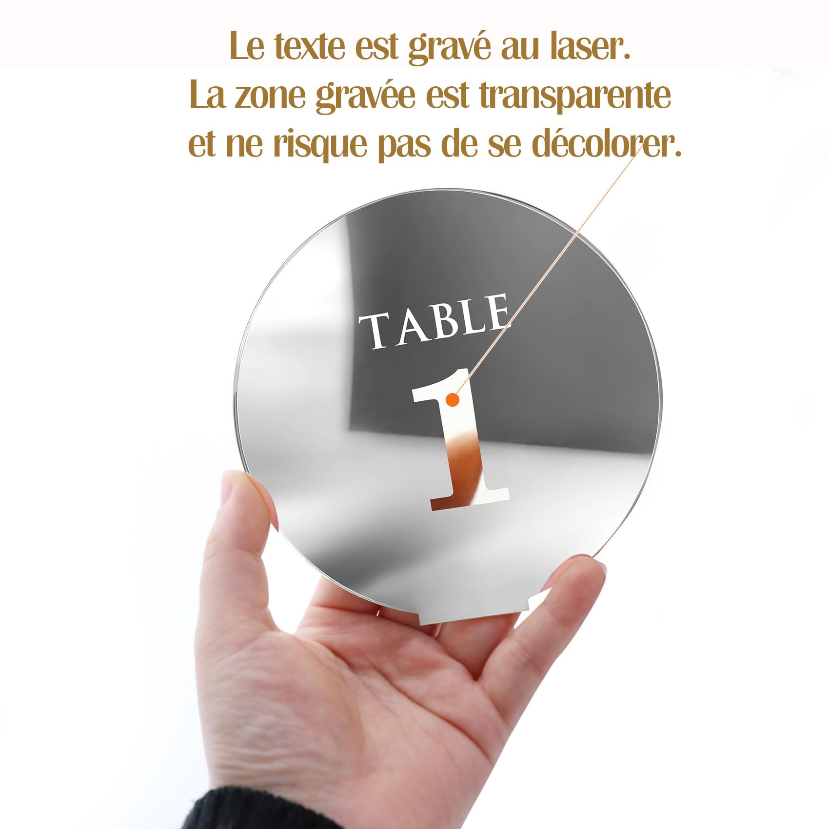 Numéros de table de mariage en acrylique de 1 à 15 avec supports, 12 cm, miroir rond doré, pour réception de mariage, fête, événement, décoration de centre de table (argent, 1 à 15)