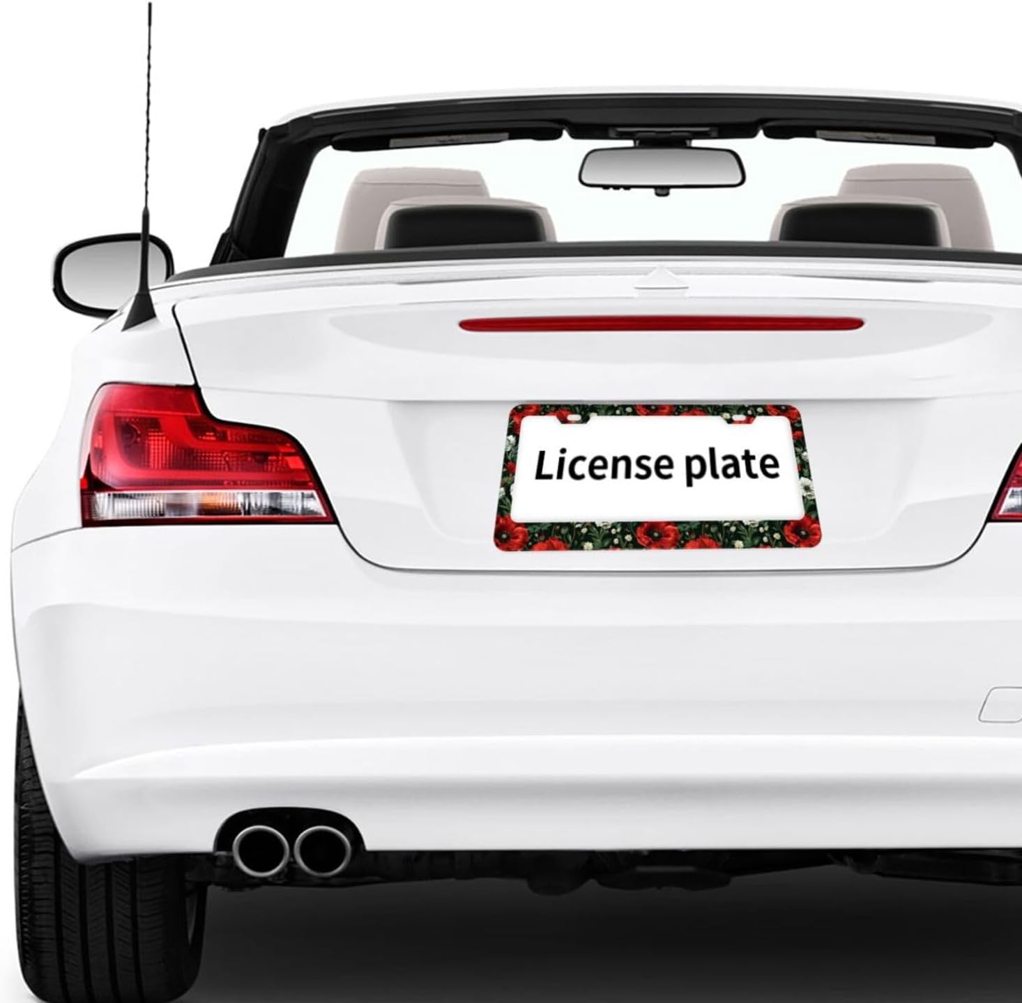 Red Poppies White Flowers Matte Aluminum License Plate Frame with Black Screw Caps，2pcs 2 Holes Black Licenses Plates Frames,Car Licenses Plate Covers Holders for Us Vehicles/Women/Men