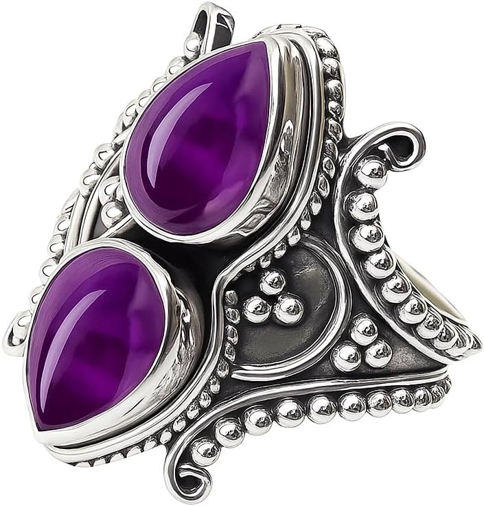 Handmade 925 Sterling Silver Double Pear Cabochon Bohemian Vintage Statement Ring for Women Birthstone Gift Jewelry