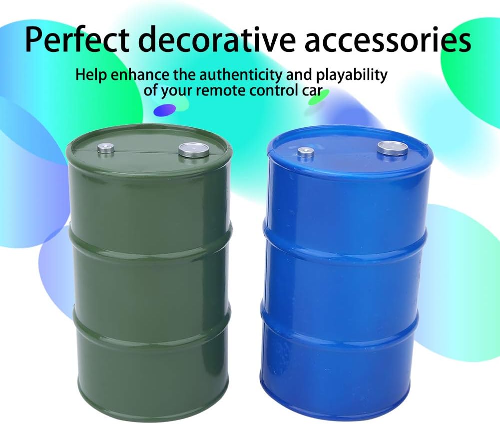 Mini Oil, 2PCS Simulation Metal Gas Container in Blue Green, Decorative and Functional Fuel Drum for 1/10 RC Crawler and Displays, Scale Model Accessory