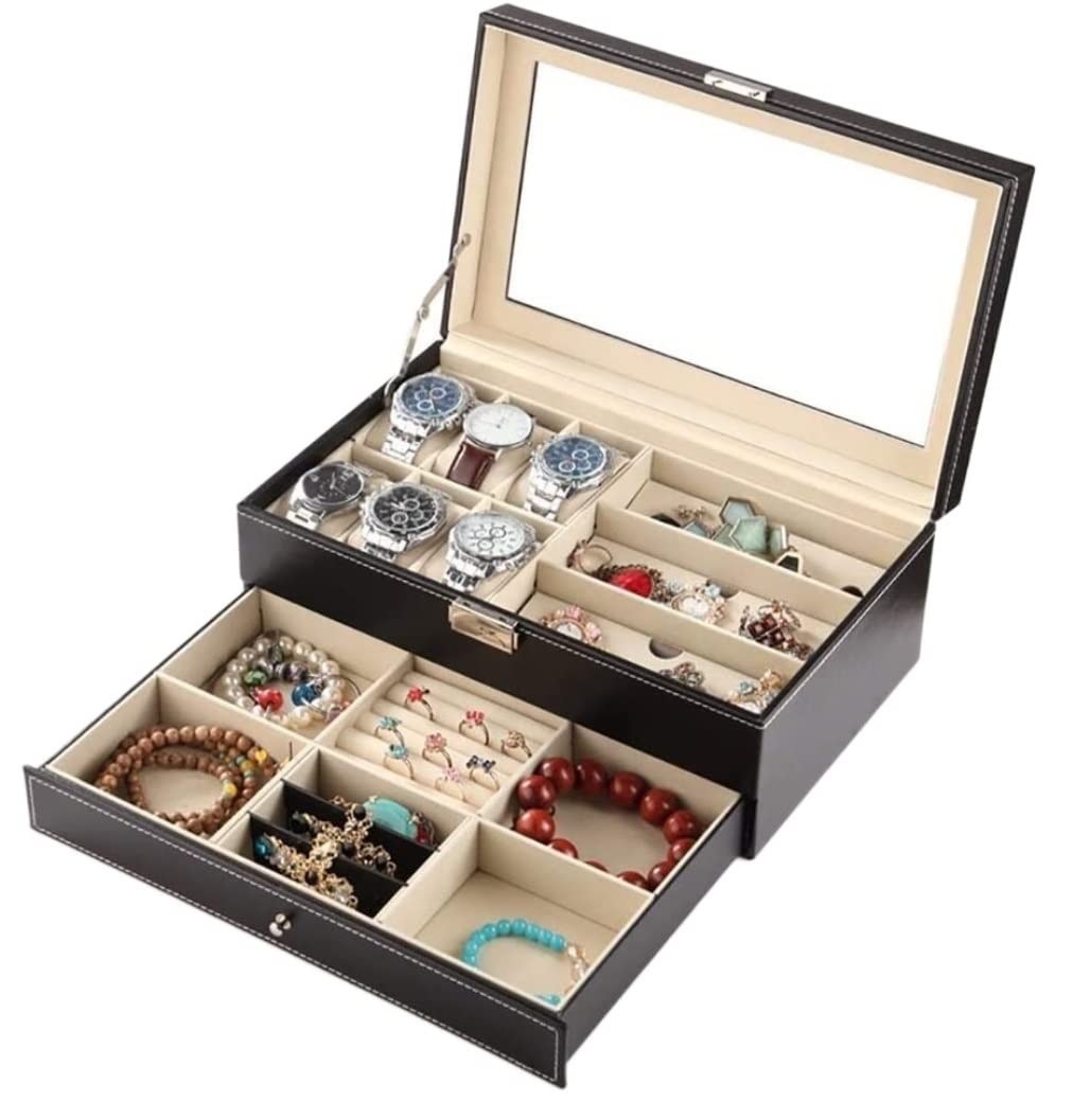 ANVLOJRIH KYUSAR Watch Box Watch Organizer Jewelry Case 2 Layers Watch Box Jewelry Box Organizer Large Mirrored Watch Storage Case Men Women Storage Watch Case Watch Holder (Blue : D)