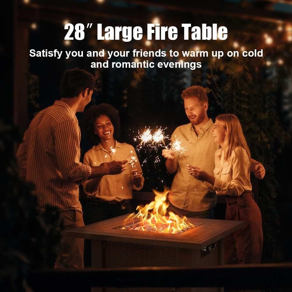 屋外用ガスファイヤーピットテーブル 28インチ 50,000BTU 正方形 アウトドア プロパンファイヤーピットテーブル 蓋とブルー