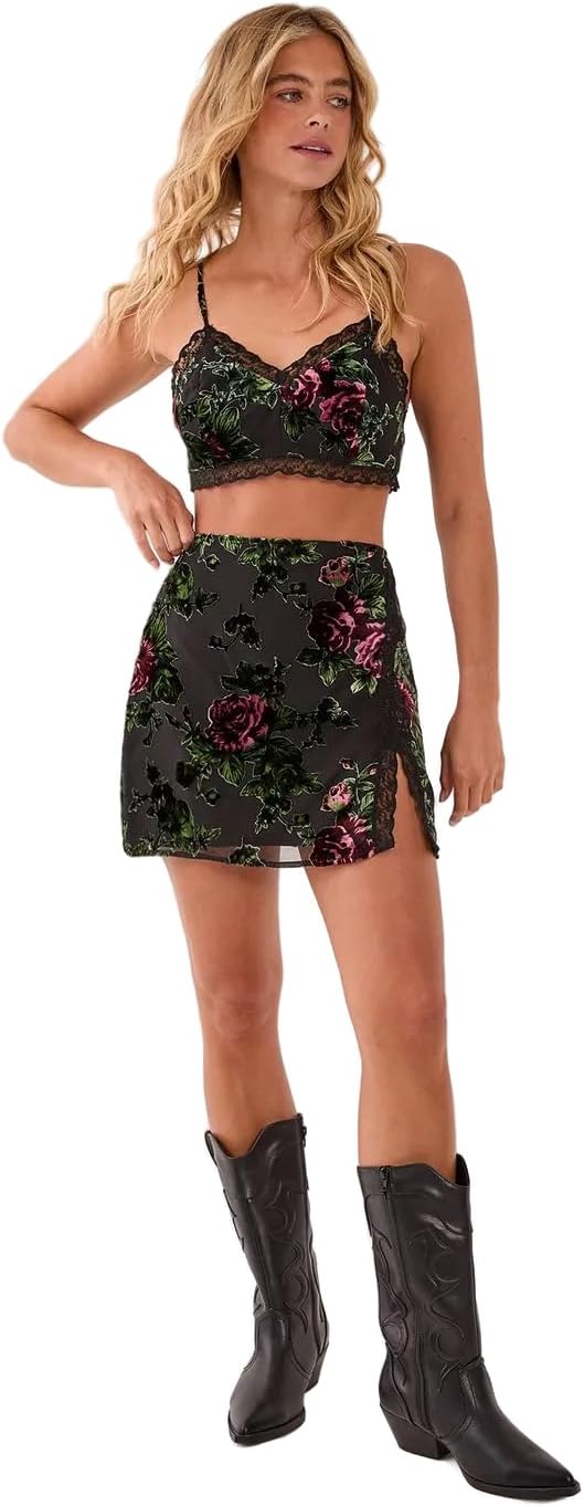 Nasty Gal Floral Devore Lace Trim Split Mini Skirt