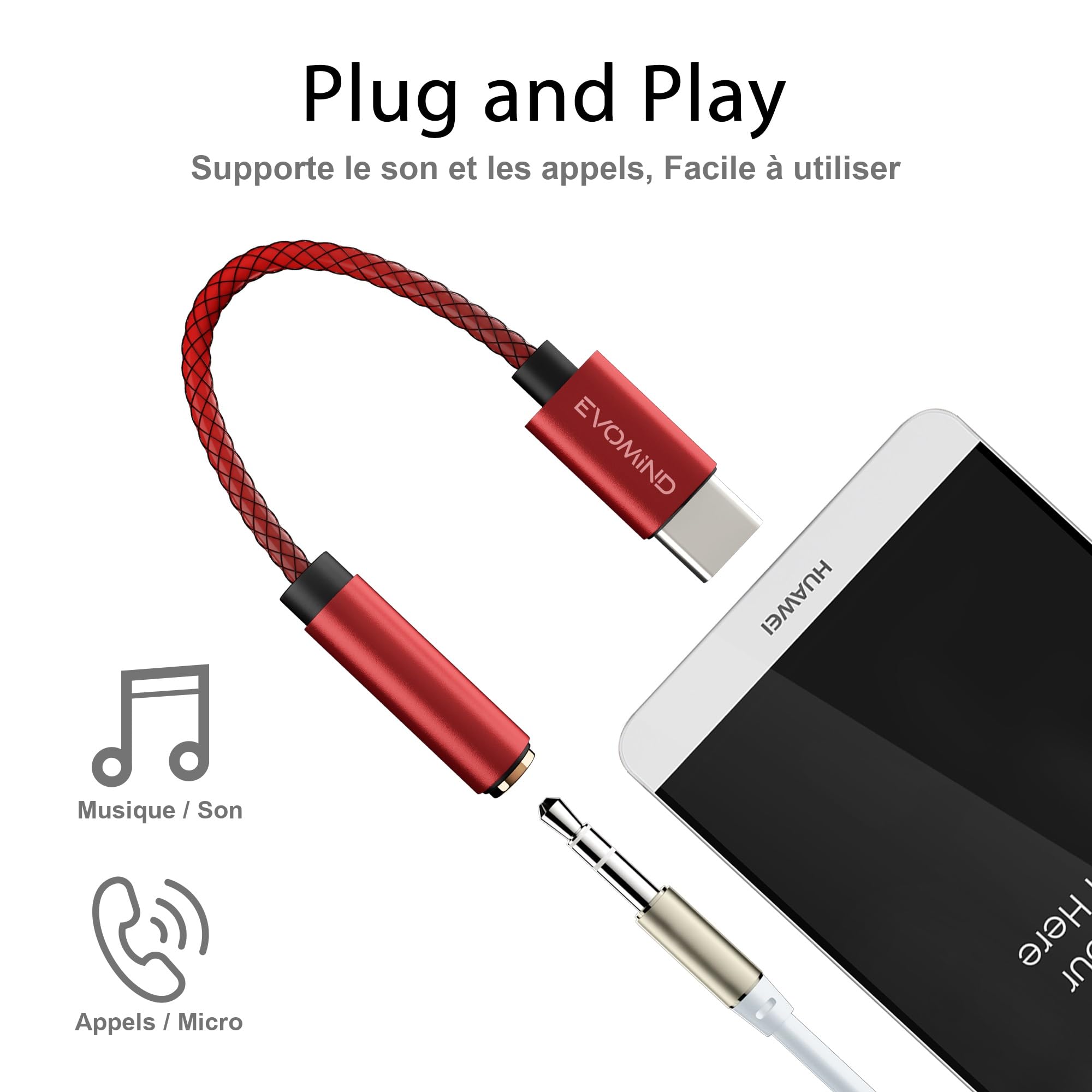 Adaptateur USB-C Vers Jack 3.5mm EVOMIND - 10 Cm, Micro Inclus, Compatible Samsung Galaxy S10/9, Xiaomi, Huawei