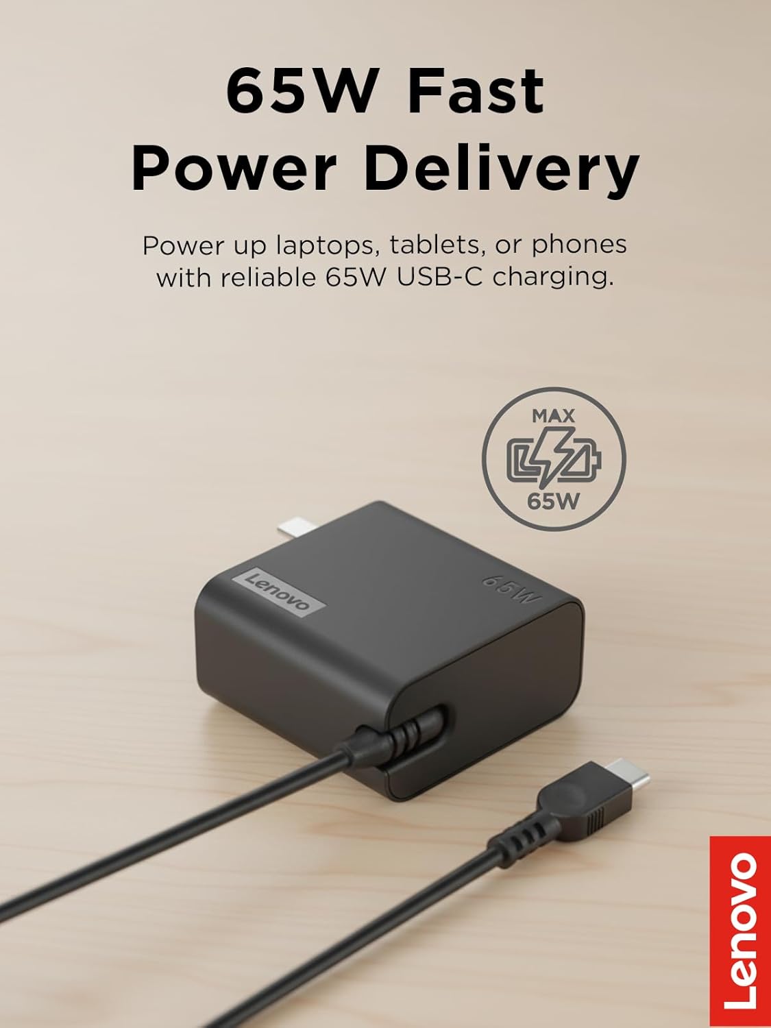 Lenovo USB-C 65W Wall Charger – PD 3.0 – Power Adapter for Laptop, Tablet, Notebook, USB-C Compatible Devices – Slim, Light and Portable with 6.5 Foot Cable – Black