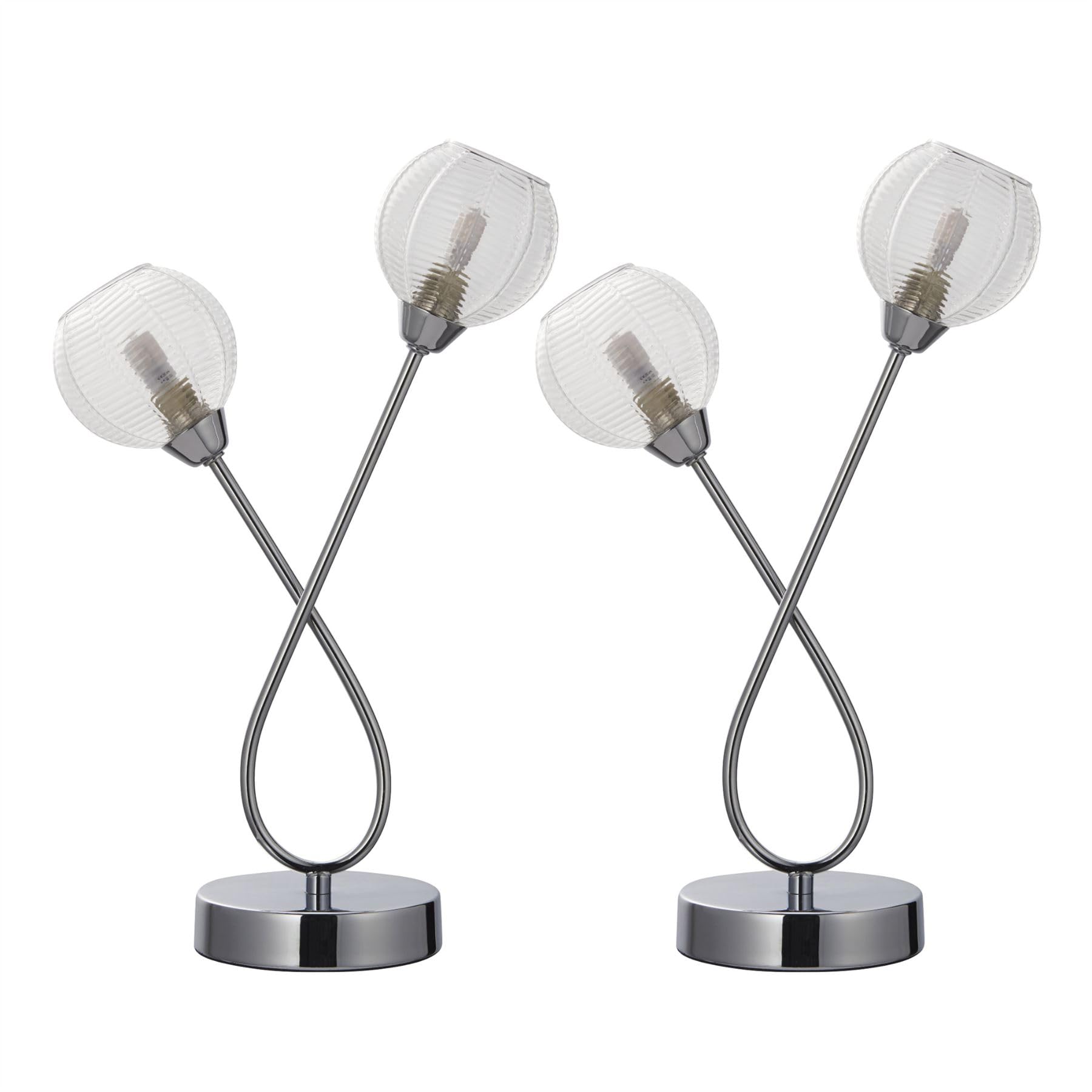 firstchoicelighting Set of 2 Modern 38cm Table Lamps or Bedside Lights, Polished Chrome with Ribbed Glass Shades, LED Compatible.
