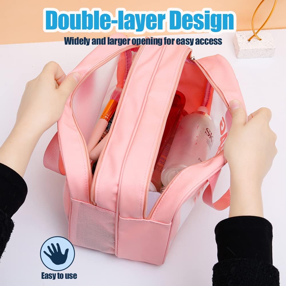 Travel Toiletry Bag,Large Clear Makeup Bags, 2 in 1 Cosmetics Bag,Transparent Skin Care Bag for Toiletries,Waterproof & Draining Make up Bags,PVC Thickened Wash Bag for Women Men (Pink) - Image 5
