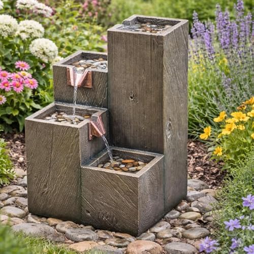 Garden Mile Fontaine à eau solaire en cascade – Fontaine d'extérieur à effet bois géométrique avec pompe hybride solaire et batterie et panneau à distance pour jardin, terrasse, balcon et décoration