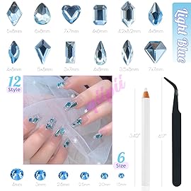 qiipii Light Blue Rhinestones for Nails Multi Shapes Crystal Flatback Rhinestones Gems Round Beads Glass Stones Diamonds Jewels w Wax Pen for Faces Eyes Makeup Crafts