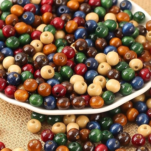DAHI 1000PCS Colorful Wooden Beads 8mm Assorted Macrame Wooden Loose Spacer Bead Natural Color Wood...