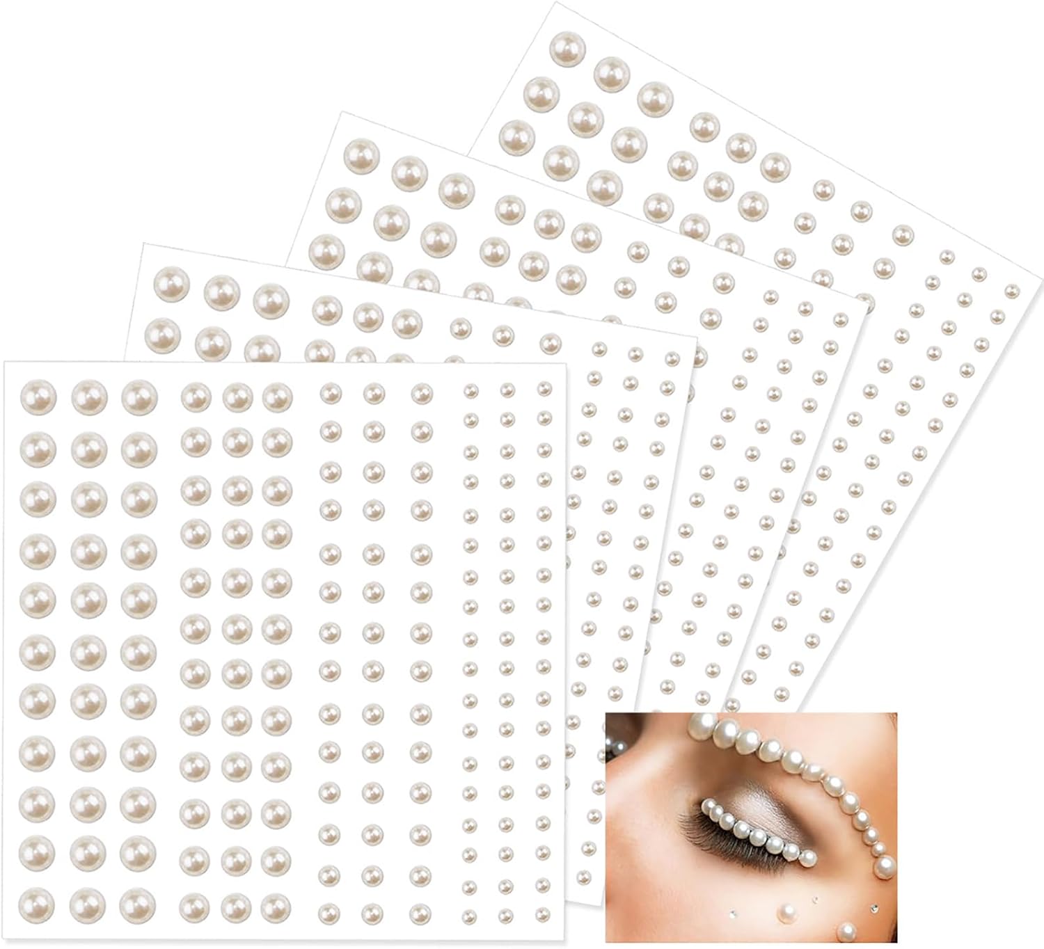 Pack of 1300 Adhesive Beads for Face Body Nails Hair Makeup Beads (3/4/5/6mm), White, Flat Back