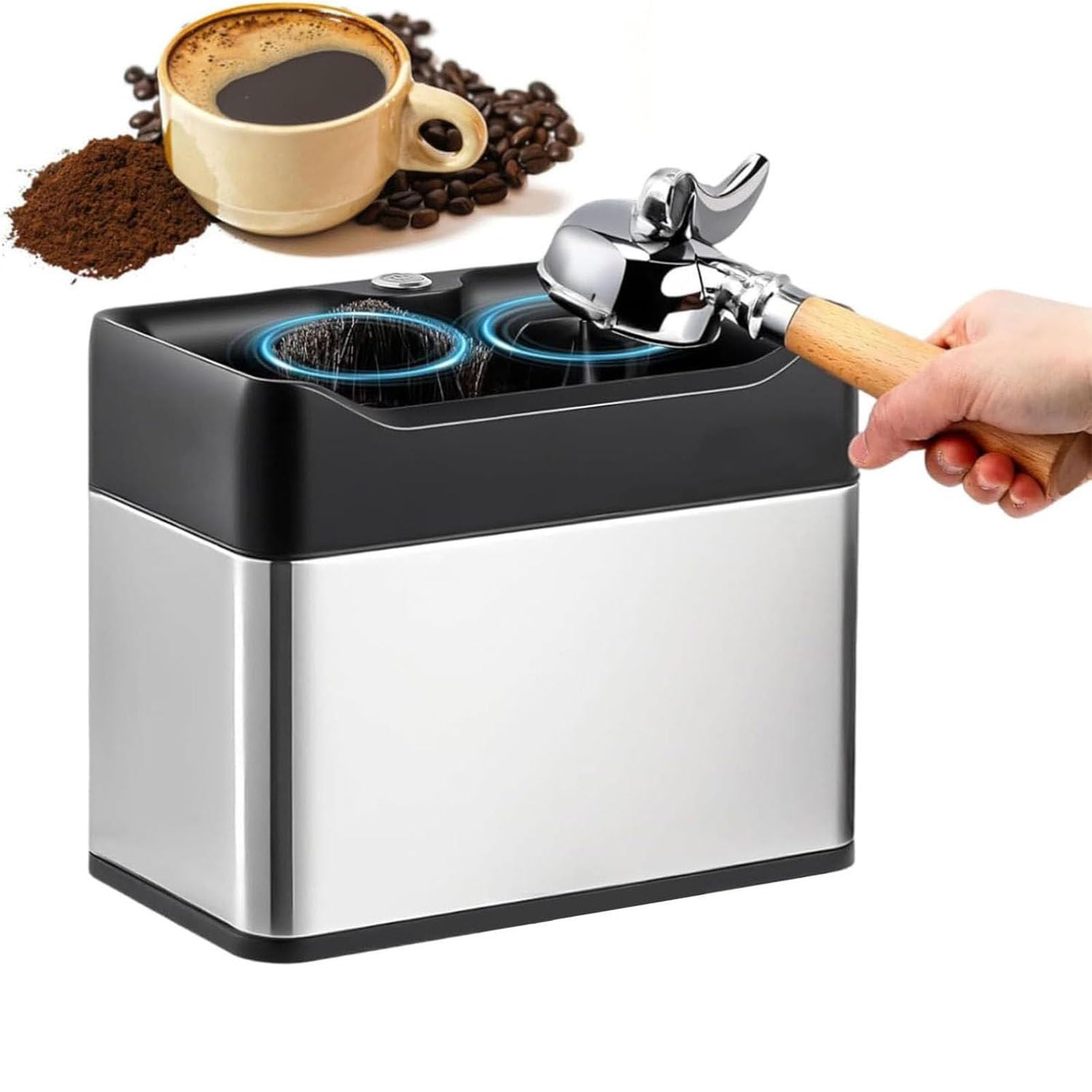 Limpiador automático de portafiltros con Cepillo y paño, para Mesa, encimera o Pared, Ideal para cafeterías domésticas o comerciales. White