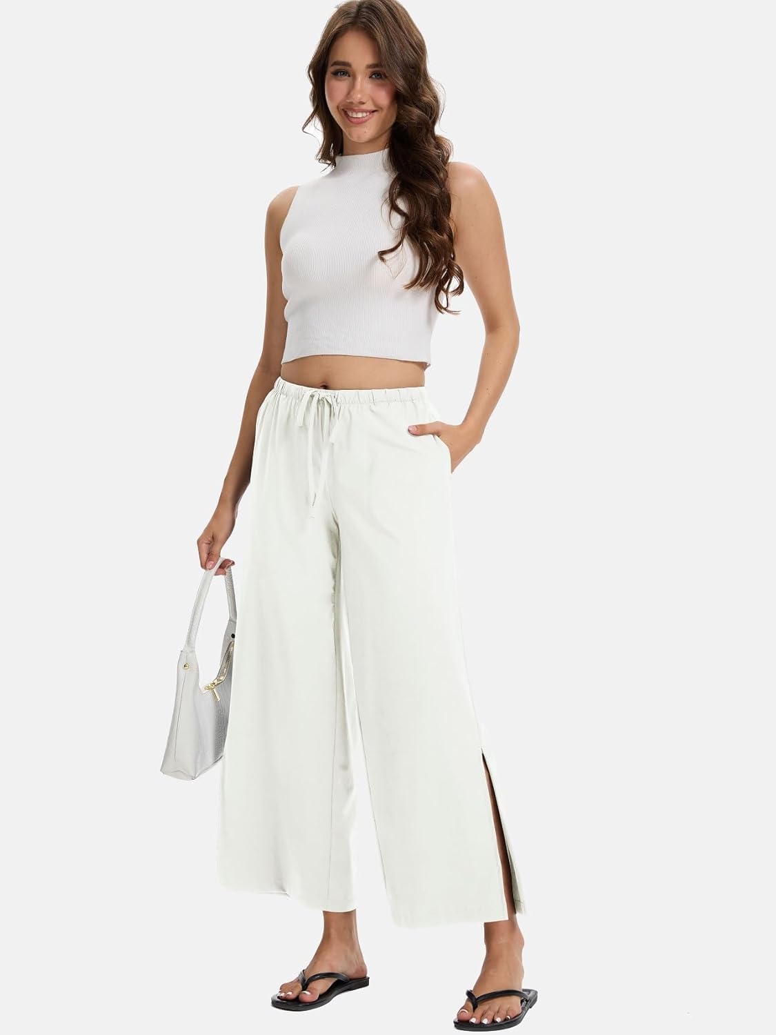 PIQIDIG Wide Leg Pants for Women Casual Slacks Elastic Waist Side Slit Flowy Palazzo Pants Trousers with Pockets - Image 6