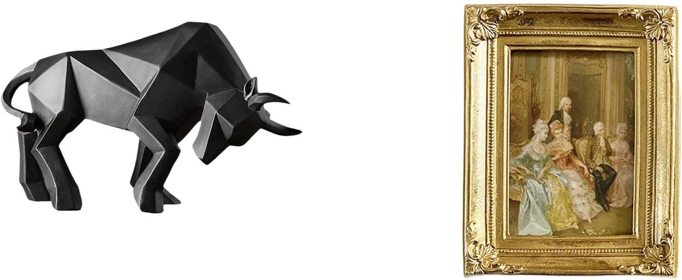 Modern Resin Bull Sculpture and Photo Frame Card Display Holder Abstract Figurine Glass Front Picture Frame for Entryway Tabletop Desk Shelf Office Be