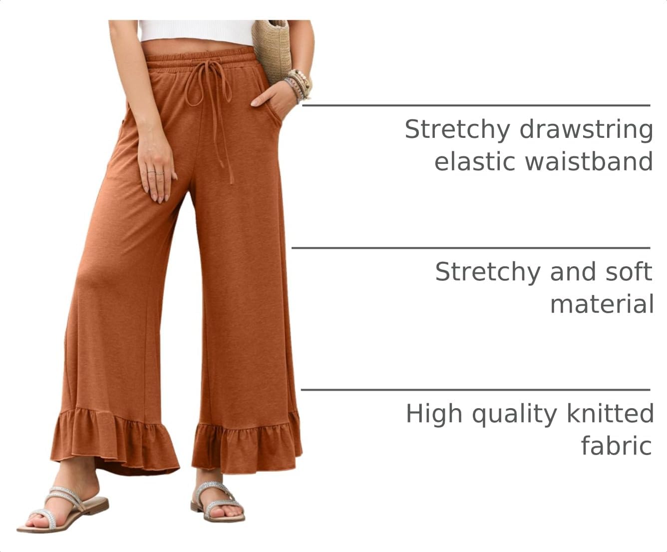 EVALESS Womens Wide Leg Ruffle Hem Palazzo Pants with Pockets image 4