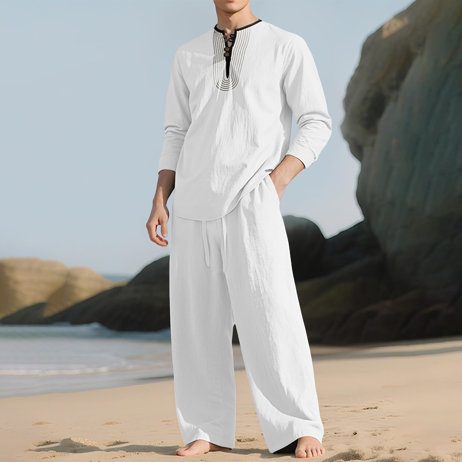 Traje de ocio para hombre de verano, traje de jogging de 2 piezas, tela de lino, transpirable, traje de casa, cuello redondo, camiseta de manga larga y holgado, traje de ocio para camping, casa