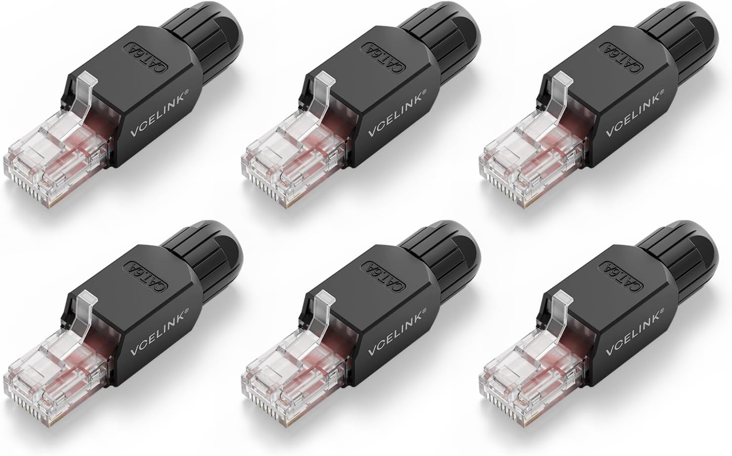 RJ45 Connector Tool-Free, CAT6A Field Termination Plug, Gold Plated Modular Plug, UTP CAT6A Connector Toolless for 23 to 26 AWG Network Cable, 6 Pack, Black, KJ22BK-6A-6P-CA