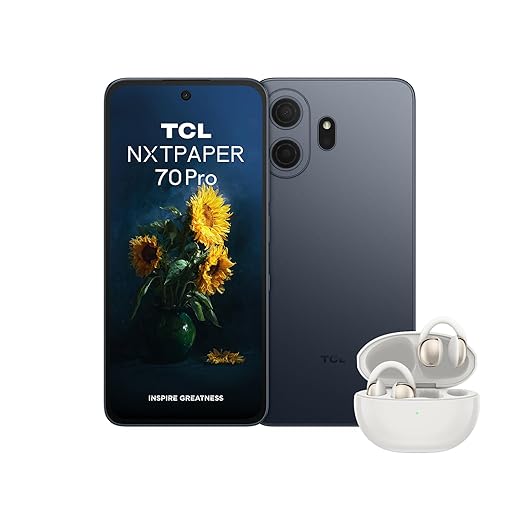 Bundle: TCL NXTPAPER 70 Pro 5G (schermo NXTPAPER 4.0 6,9'', 50MP OIS, 256+8GB, Dimensity 7300, Blu Stellare) + auricolari TCL CrystalClip (clip, bassi+, audio 3D, fino a 36h, Bianco Lunare)