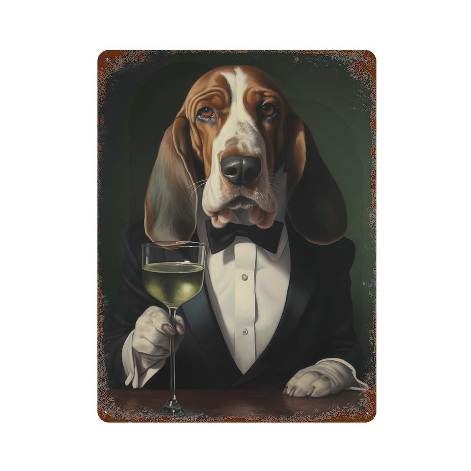 Basset Hound in Tuxedo Rusty Metal Tin Sign 15.7"x11.8", Industrial Home Decor for Garage, Pub Or Kitchen