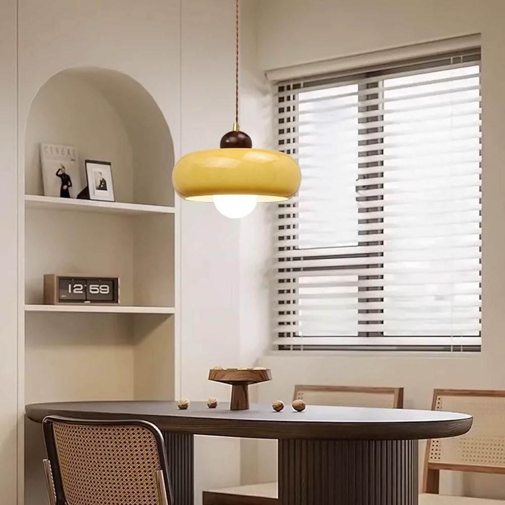 Glass Pendant Lighting Vintage Wood Hanging Ceiling Lamp Island Pendant Light for Kitchen, Dome Glass Suspended Lamps Dining Table Bedroom Ceiling Lights E27 Droplight