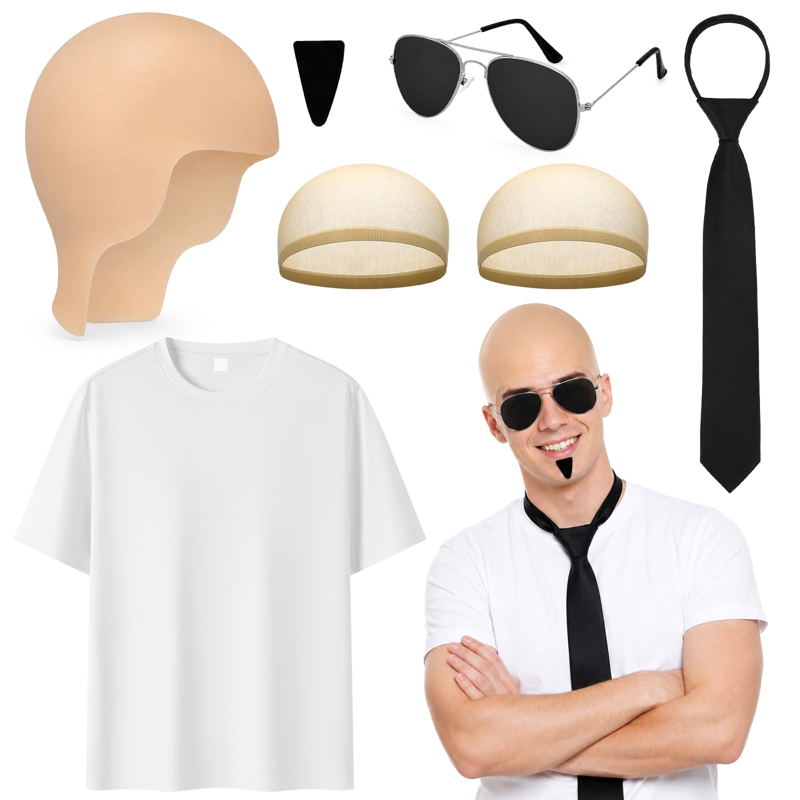 Vervora 7 Pcs Adult Bald Cap Fancy Dress Costume Set, T-Shirt L-3XL, Latex Bald Head Cap, Hair Nets, Aviator Costume Glasses, Black Tie & Stick-on Beard, Halloween Outfit for Men Stag Do Party (L)