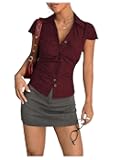 Women's Ruched Button Down Shirt Short Sleeve Tie Back Fitted Blouses