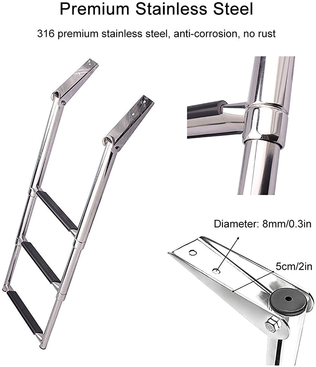 Scala Pieghevole per molo/Barca a 2/3/4 gradini, in Acciaio Inox 316 Resistente, per imbarcazioni, Yacht, Piscine e pontili, Portata 150 kg/330 libbre (Un Solo Colore, 2 gradini)