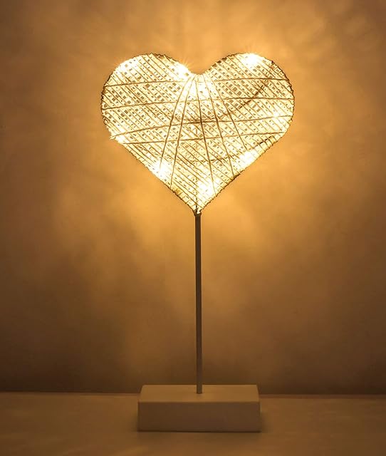 Lewondr Table Lamp, Battery Powered Heart Shape Ramadan Light Desk Lamp LED Christmas Decorative Lamp Winding Iron Frame Plastic Base Warm White Bright Light Home Bedroom Romantic Decoration - White