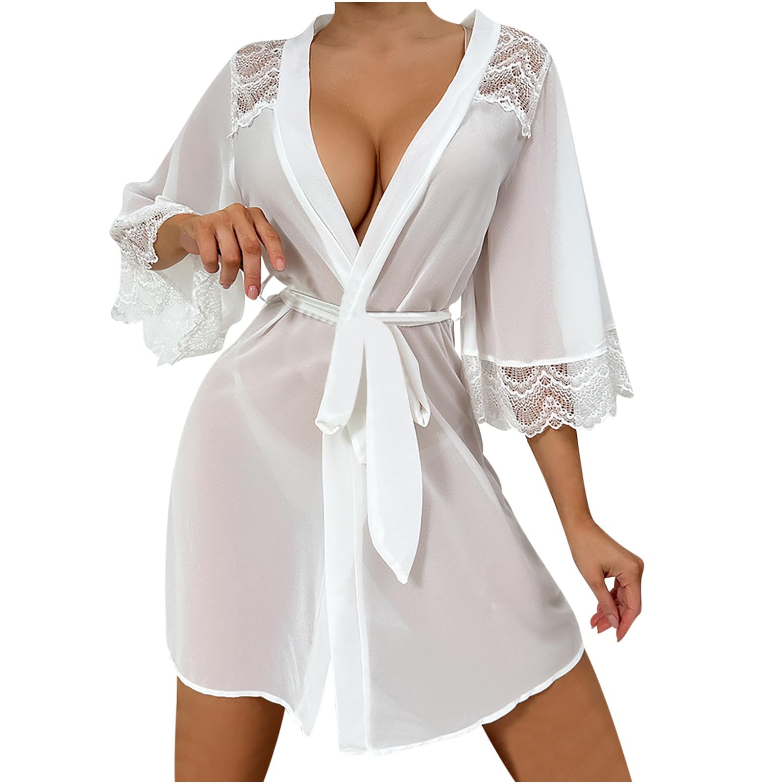 Womens Sexy Sheer Mesh Short Robes Cozy 3 4 Sleeves Lace Cuffs Kimono Bathrobes See Through V-Neck Belted