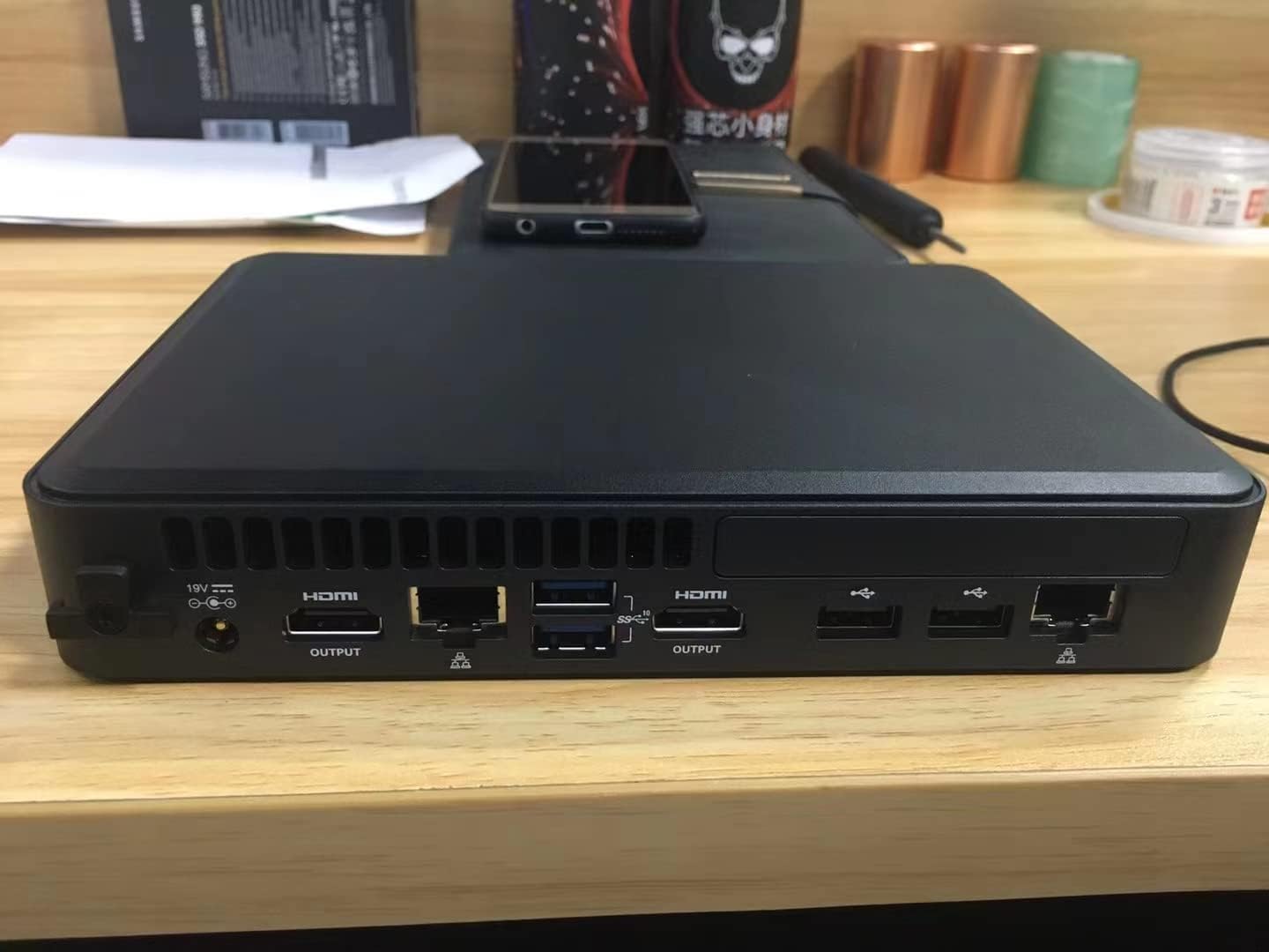 Close-up of the rear ports of the WEELIAO Intel Mini PC