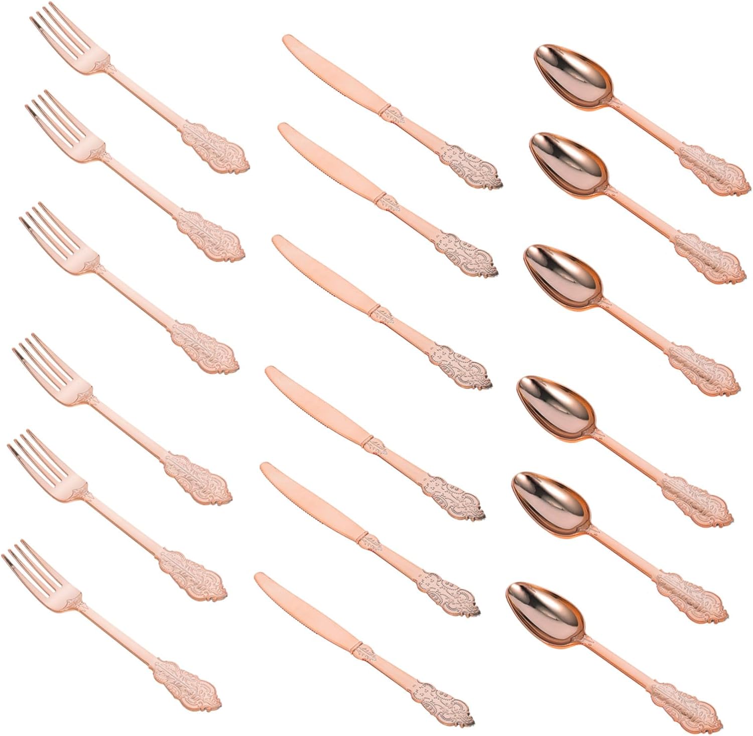 6sets Multipurpose Plastic Silverware Disposable Knife Fork Spoon Set Rose Gold for Picnics Parties and Cakes Ergonomic Design and Non-fading