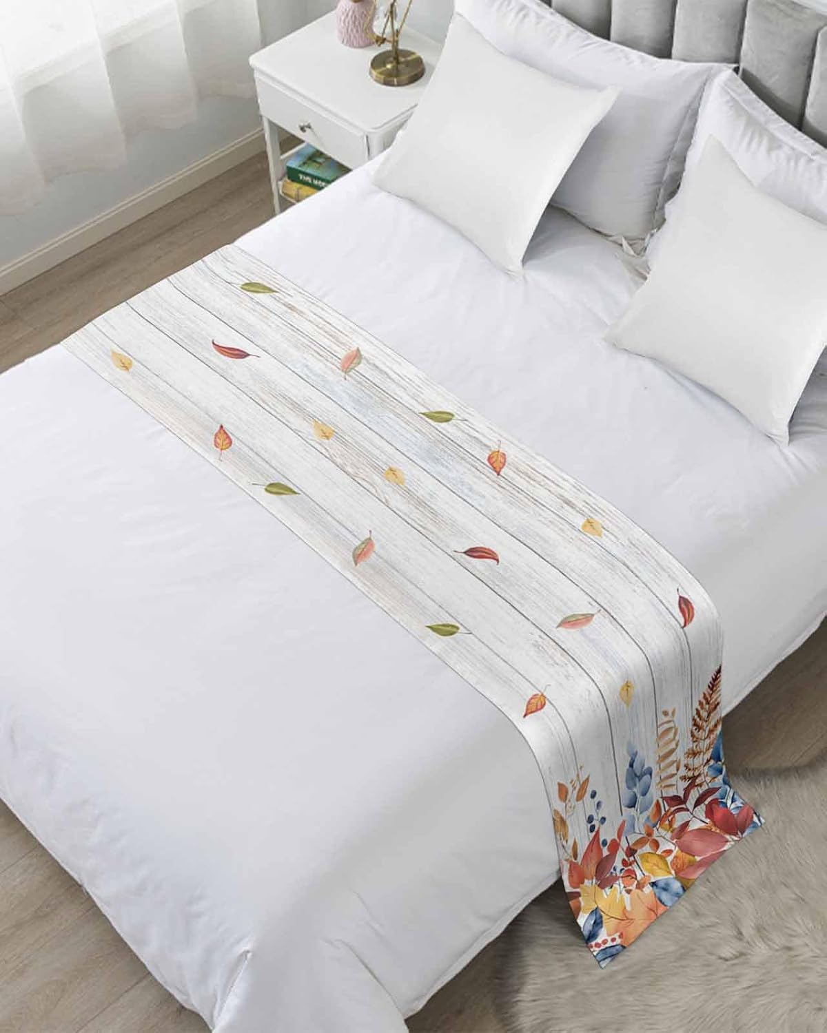 Orange Blue Leaf Fall Bed Runner Scarf Full Queen Size, Autumn Eucalyptus Leaves Luxury Bed Throw Runners & Scarves for Twin Full Queen King Foot of Bed, Bedroom Hotel Wedding Room Decoration, 83"x20"