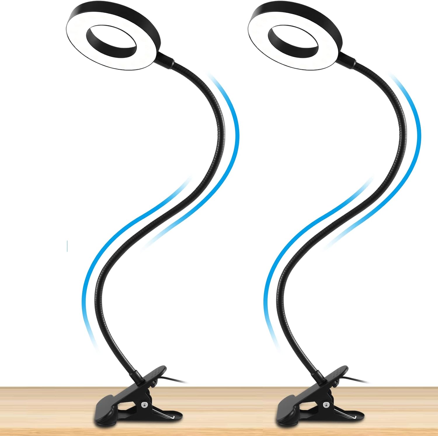 Jigerjs Lámpara con clip，Lámpara de Escritorio USB 48 LED, 3 Modos de Colory 10 Niveles，Flexos de Pinza con Clip Luz Lectura para Lectores Estudio, Cama, Libro,Estudiar (2 Pack)