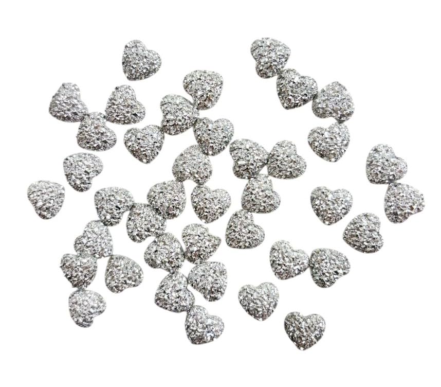 Syntego Heart Shaped Silver Gems – 40 Pack | 12mm | Flat Back Resin Embellishments for Crafting, Scrapbooking, Decoration