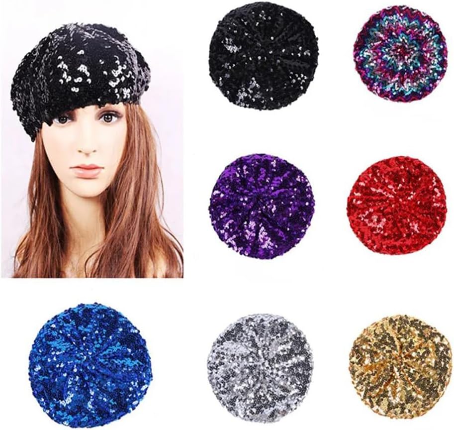 Shiny Sequin Beret Hat for Women, Glitter Beanie for Party Costume Accessories