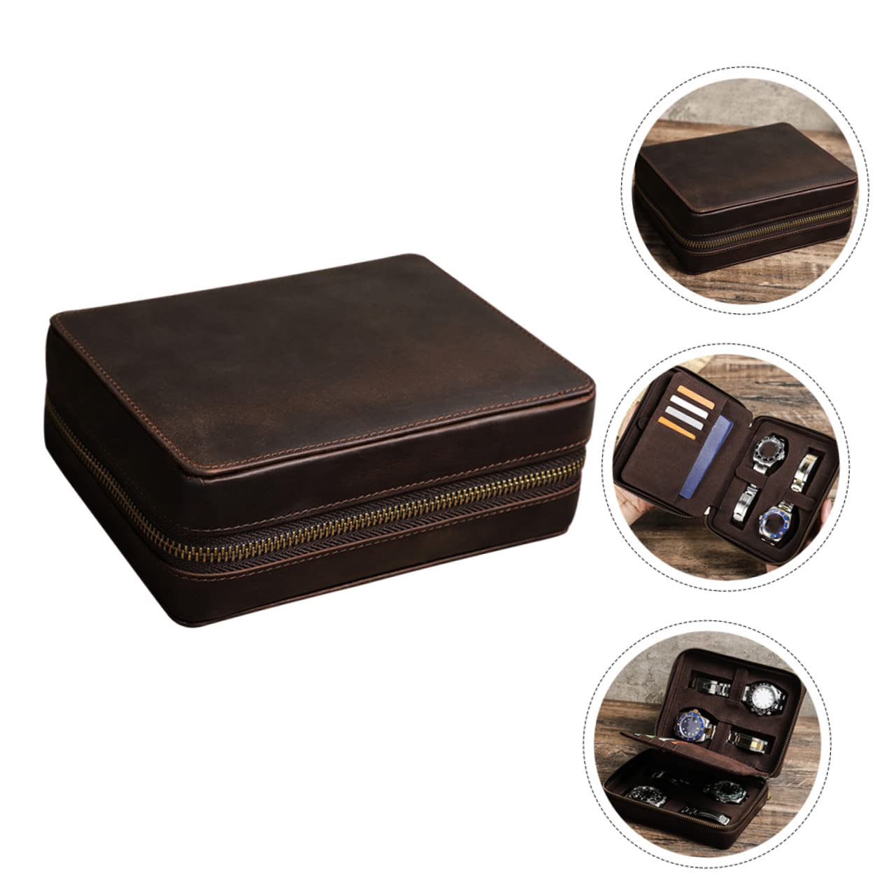LIFKOME Caja de Relojes de Viaje 4 Ranuras en Cuero Café para Hombre | Cierre Cremallera, Dos Compartimentos Laterales, Diseño Delgado y Formato Portátil