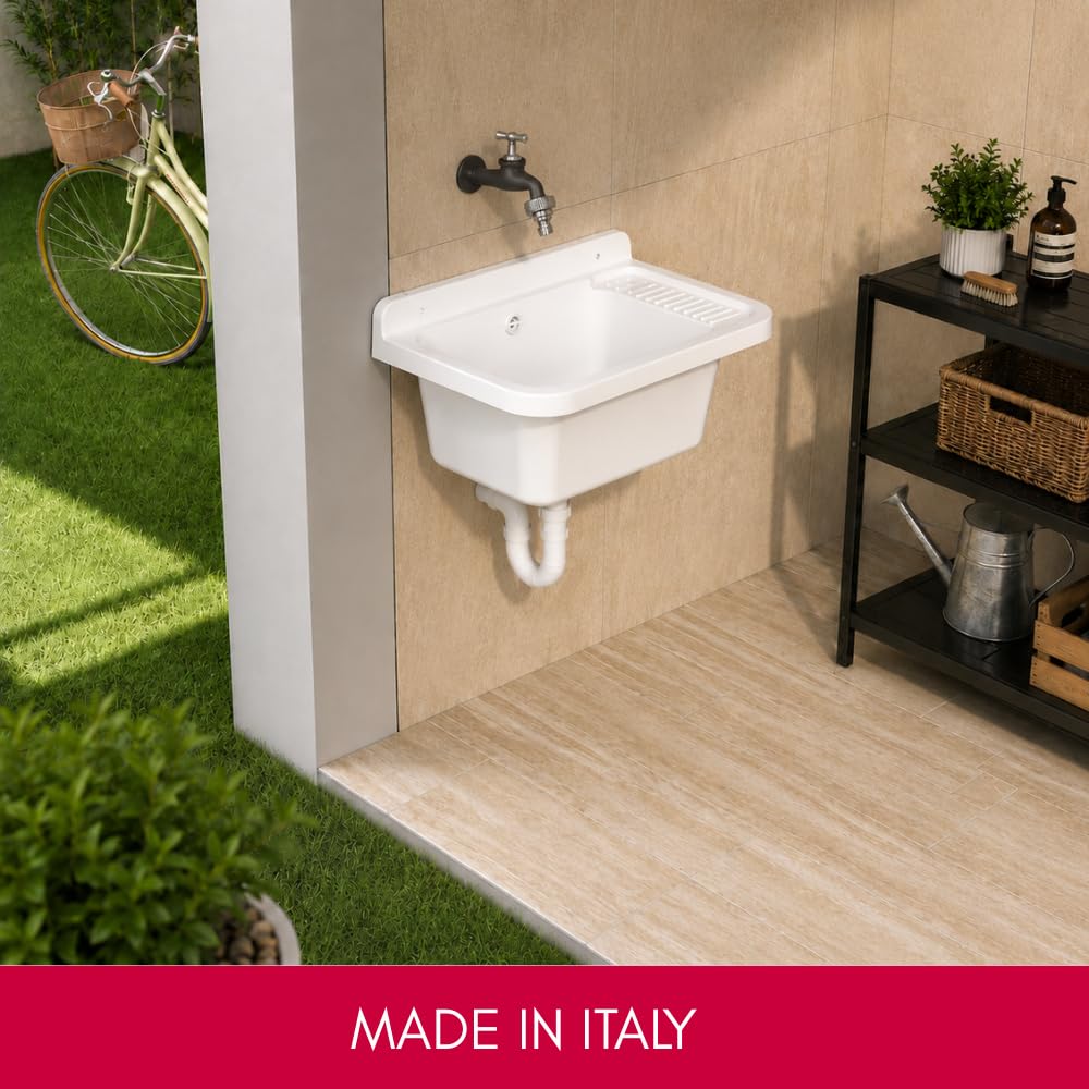Schläfer 9610101- Pilozzo a Parete in Resina Bianco 59x39x28 cm con sifone di Scarico e Piletta, Lavatoio Lavapanni per Interno ed Esterno, Resistente agli acidi di uso comune