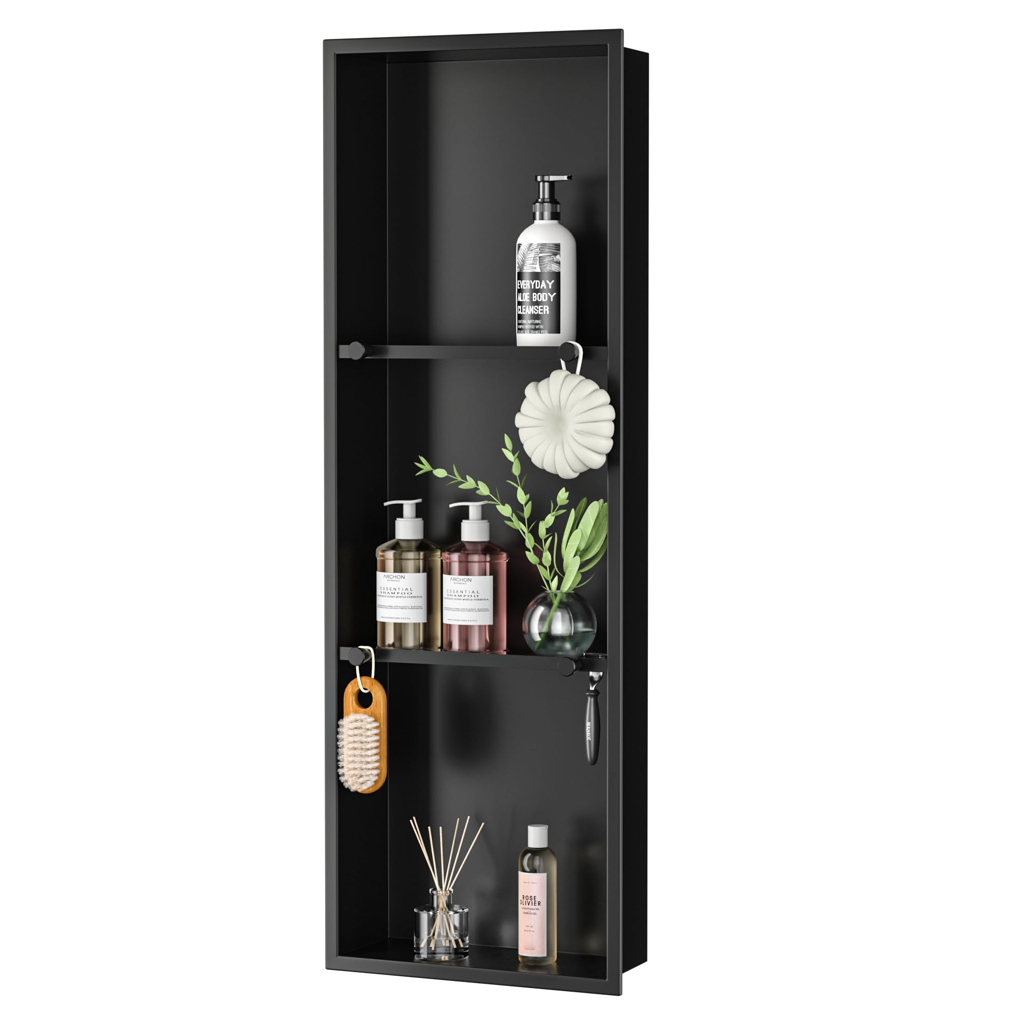 Bernkot Stainless Steel Shower Niche w Hooks Wall Vertical Niche Without Tiling Recessed Shower Shelf for Bathroom Storage