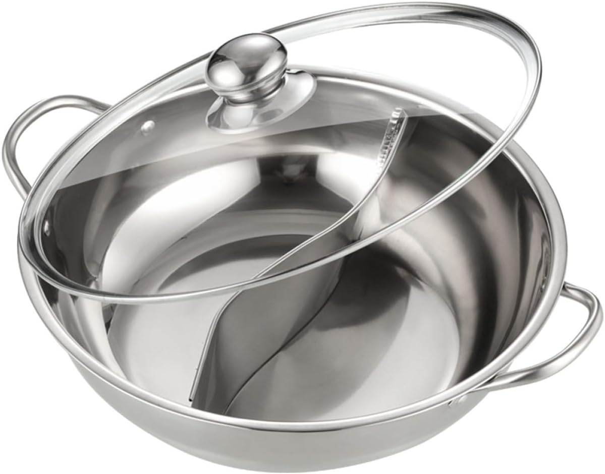 VOSAREA Stainless Steel Divided Hot Pot with Lid Two-Flavor Induction Cooking Pot for Seafood and Spicy Broth Commercial Use for Electric and Gas Stoves
