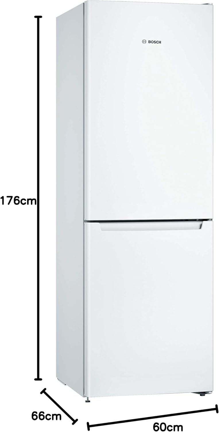 Diagram showing the dimensions of the Bosch KGN33NWEB refrigerator: 176cm height, 60cm width, 66cm depth