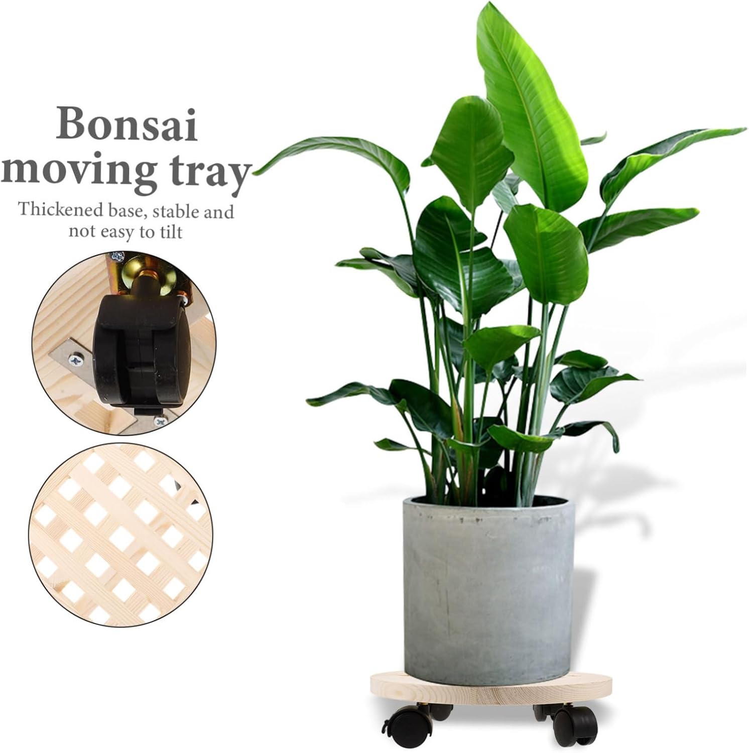 Roller Planter Stand Mobile Flowerpot Base Wooden Tray Detachable Wheel for