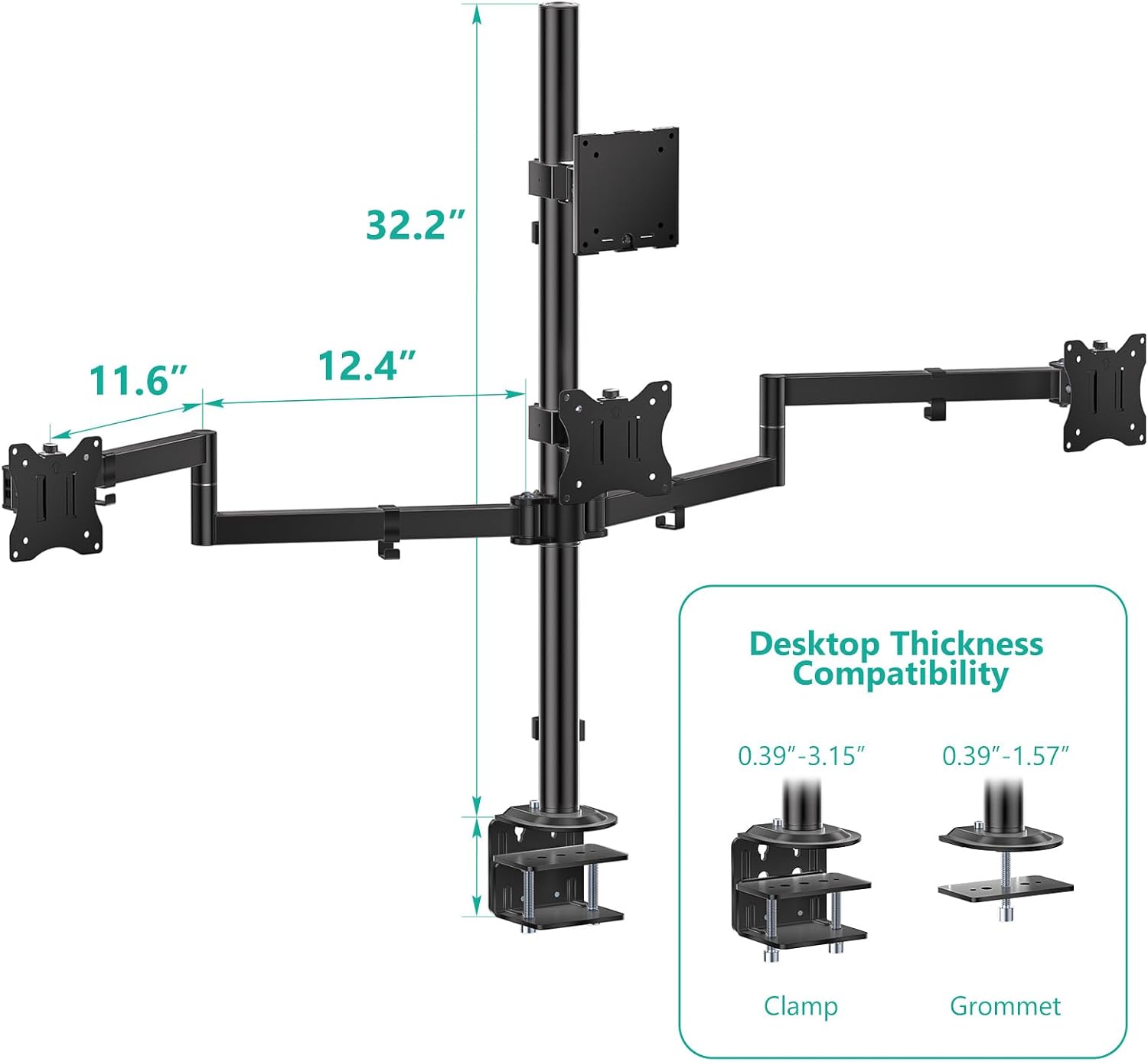 Дијаграм који приказује C-clamp and grommet mounting options with desk thickness compatibility.