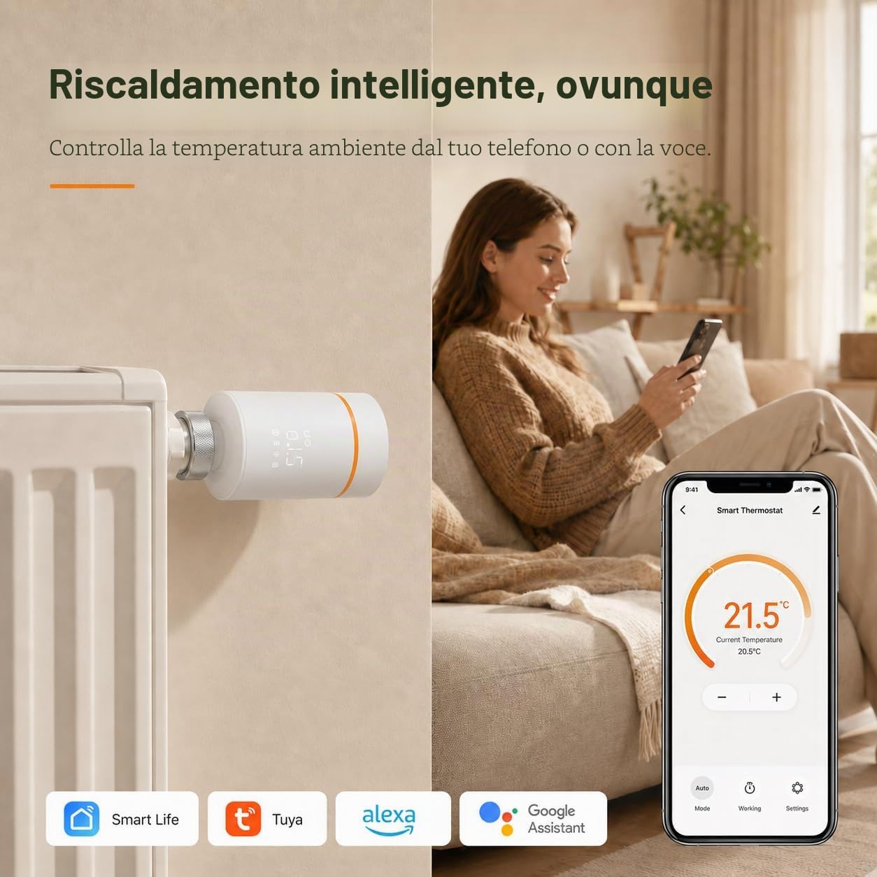 Yasorn Termostato Wi‑Fi 2,4 GHz per Radiatore con Manopola, Display LED e Controllo App, Compatibile Alexa/Tuya, Installazione Facile Casa & Ufficio, Programmazione Settimanale