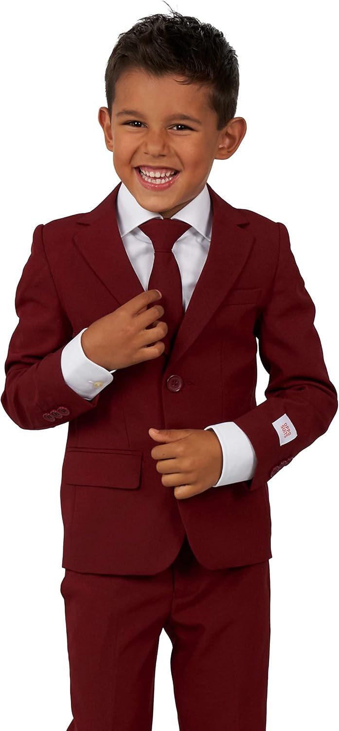 Opposuits Boys 3-Piece Slim Fit Suit Set - Kids Formal Outfit with Blazer, Pants & Tie - Wedding, Easter, Ring Bearer, Party - Burgundy Red - Size: 4 Years