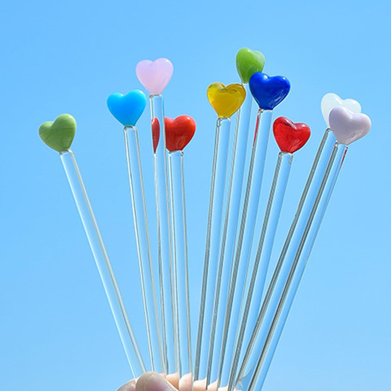 6 Pcs Glass Swizzle Sticks with Love Heart Head, Reusable Drink Coffee Juice Milk Stirrers Cocktail,Liquor Stick for Coffee Bar Party Home