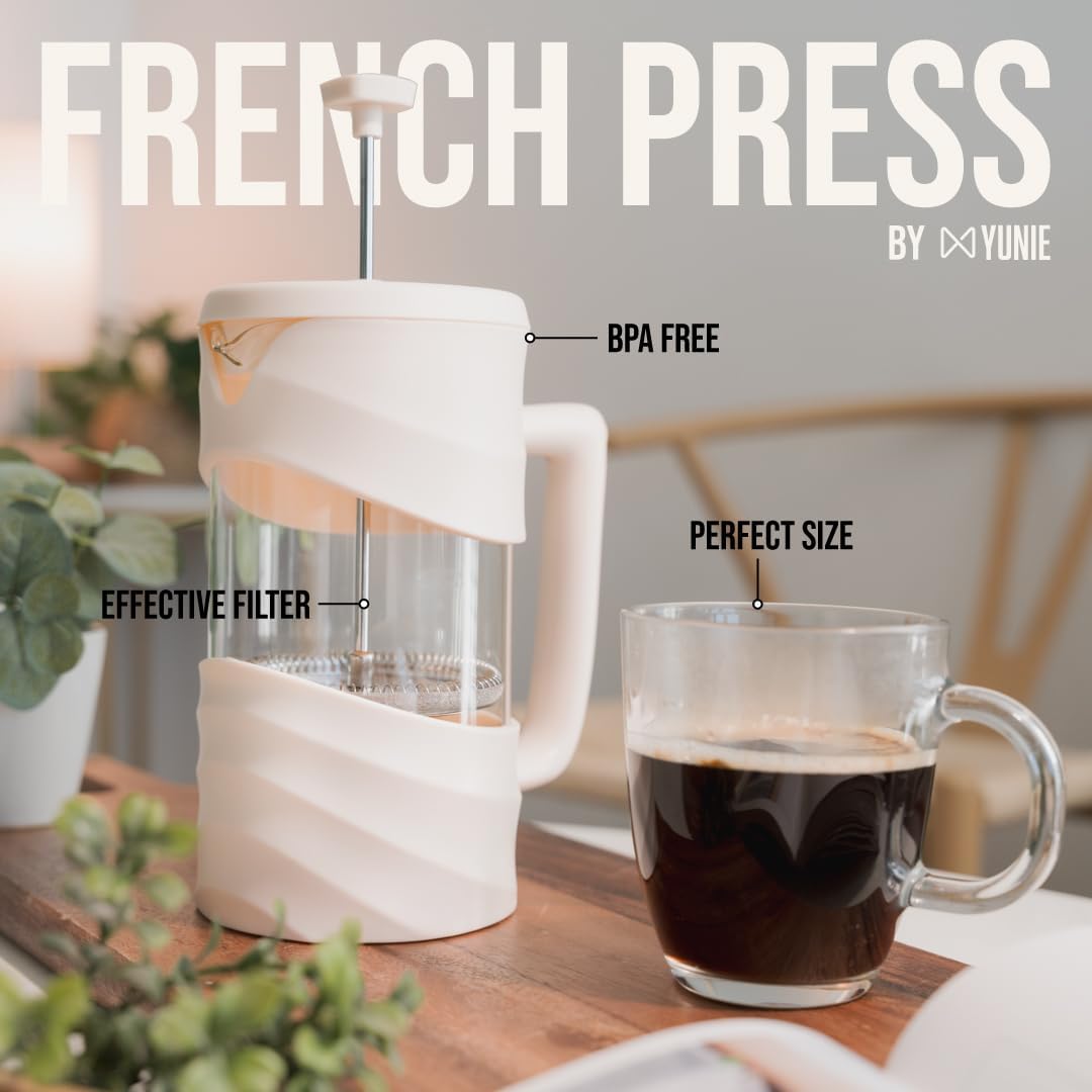 ANGORA BRANDS French Press Coffee Maker - 34 oz French Coffee Press - Brew Rich Coffee and Tea Anywhere - Portable Coffee Maker for Kitchen, Travel, and Camping - French Press by Yunie (White)